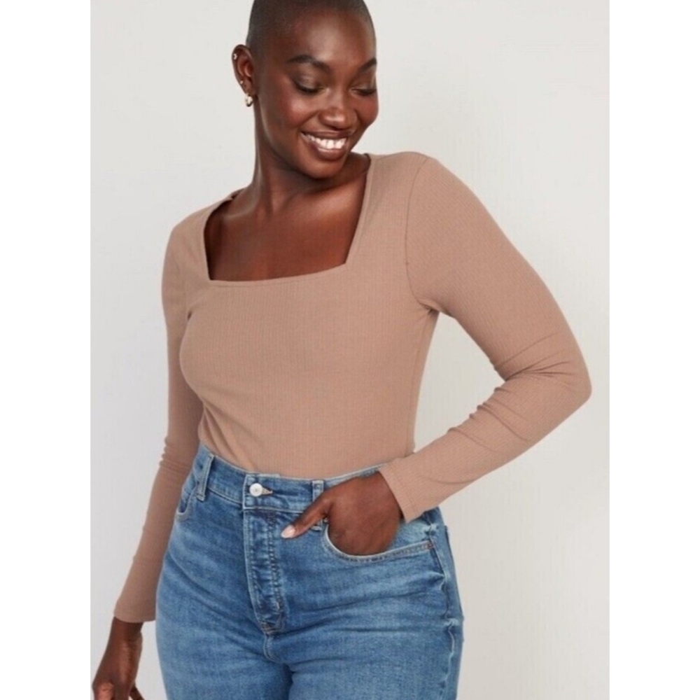 Old Navy Long Sleeve Square Neck Rib Knit Bodysuit Tan Size XXL